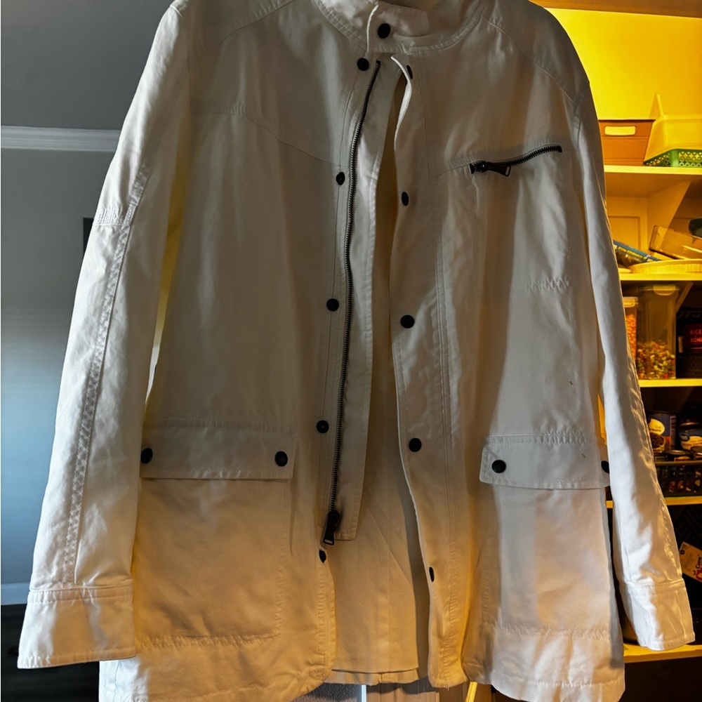 Express white jacket snap front with zipper.  High collar.  Large in EUC